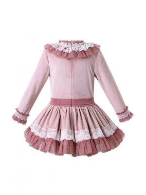 Lace Knitted Velour Fabric Pink Roses Girls Autumn Dress + Handmade Headband