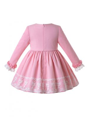 Girls Autumn Dress Light Pink Princess Dresses With Layered Lace + Hand Headband