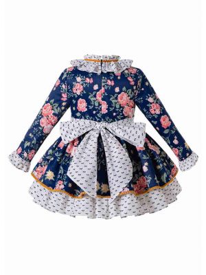 2020 Girls Floral Rose Party Double Bows Dress + Hand Headband