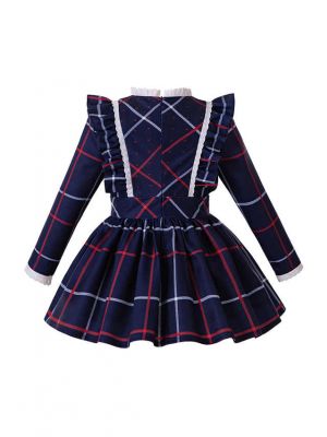 Girls Blue Grid School Uniform Style Bow Boutique Kids Dress + Hand Headband