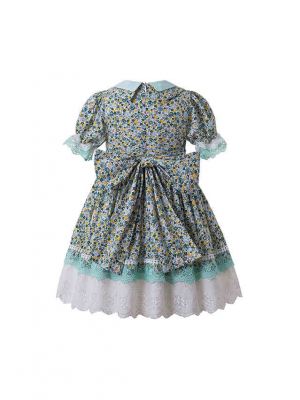 2020 Green Pleat Printed Turn-down Collar Vintage Dress + Hand Headband