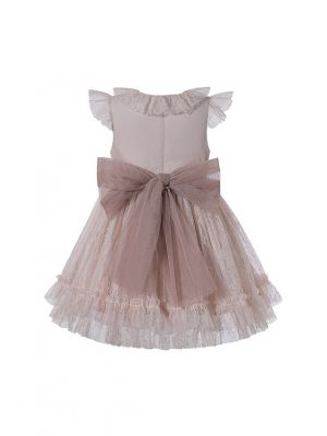 Beige Double-layered Floral Yarn Dyed Princess Boutique Girls Dress + Hand Headband
