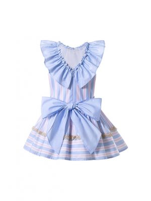 Girls Double-layered Striped Ruffle Boutique Dress With Bows + Hand Headband