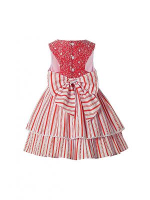 Red Striped Sweet Girls Pearls Ruffles Layered Dress With Flowers+ Hand Headband