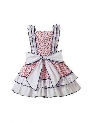 Sweet Pink Floral Print Girls Layered Dress With Cute Bows + Hand Headband