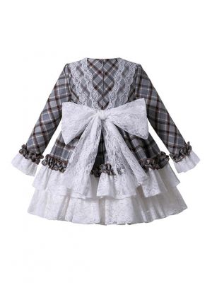 Grey & White Plaid Kids Lace Autumn Children Girls Boutique Princess Dress + Handmade Headband