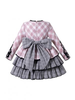 Pink Plaid Print Delicate Lace Layer Girls Children Clothes Boutique Dress + Handmade Headband