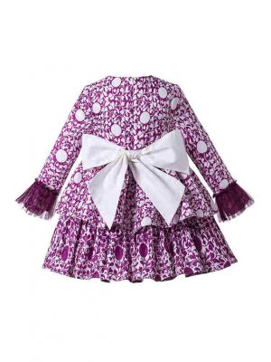 Purple Girls Autumn Flower Print Cotton Boutique Layer Dress + Hand Headband