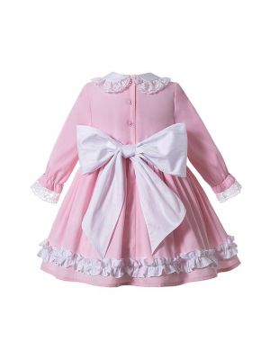 Autumn Pink Girls Ruffles Lace Kids Sweet Three Quarter Sleeves Dress + Hand Headband