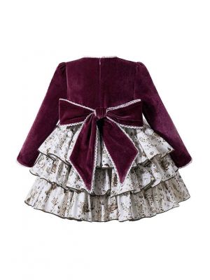 Velvet Flower Print Kids Clothing Butterfly Brooch Girls Layered Dress + Handmade Headband