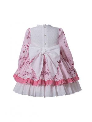 Boutique Princess Pink Girls Floral-Print Ribbons Bow Ruched Autumn  Dress + Handmade Headband
