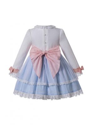 Autumn Light Blue Girls Ribbons Bow Dot Double-layered Boutique Dress + Hand Headband