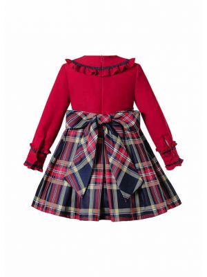 Autumn Girls Preppy Style O-Neck Plaid Red Dress With Bow