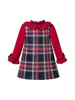 Autumn Red Girls Double-layered Plaid Dress With Bow