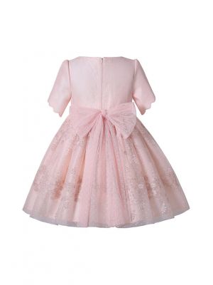 Peach Color Short Sleeve Floral Lace Tulle Dress