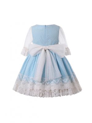 January New Sweet Design Half Flare Sleeve Blue Girls Ruffle Dress