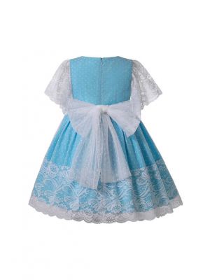 Spring & Summer Sweet Chiffon Flower Lace Dots Crewneck Girls Blue Dress