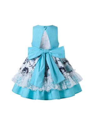 Cyan-Blue Sleeveless Flower Patterns Lace Girls Dress