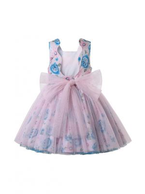 Square Collar Sleeveless Chiffon Pink and Blue Dress + Handmade Headband