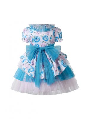Lantern Sleeve Double-layered Chiffon Pink & Blue Dress + Handmade Headband