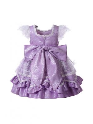 Purple Noble Ruffle Printed Flower Feather Ornament Princess Dress + Handmade Headband