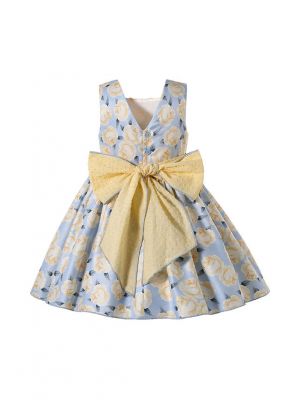 Floral Pattern Lace Blue Bows Girls Easter Yellow Dress + Headband