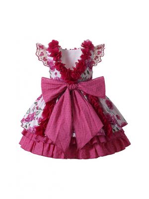 Girls Rose Red Flowers Patterns Ornament Bows Ruffle Hem Dress + Handmade Headband