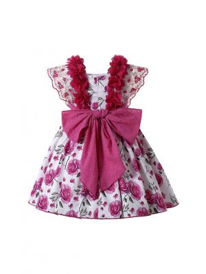 (3Y 4Y 5Y only)Rose Red Floral  Lace Girls Dress +  Headband