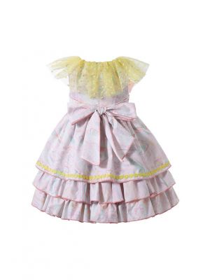 Easter New Arrival Pink Print Double-layered Bows Girls Yellow Dress + Headband