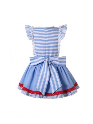 (UK ONLY)Classic Style Stripes Blue A-line Dress + Handmade Headband