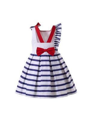 Girls Sleeveless White & Blue Striped Dress + Handmade Headband