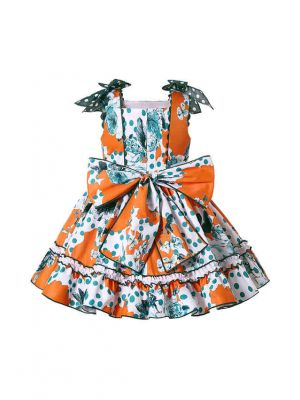 (UK Only) Orange Summer Printed Knee-length Sleeveless Dress + Handmade Headband