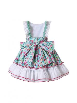 Green Floral Double-layered Collar Girls A-line Dress + Handmade Headband