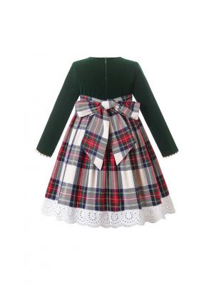 Christmas Deep Green Long Sleeve Plaid Dress + Handmade Headband