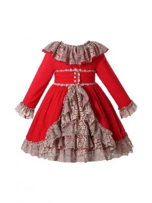 Double-layered Collar Girls Red A-line Dress for Fall & Winter + Handmade Headband