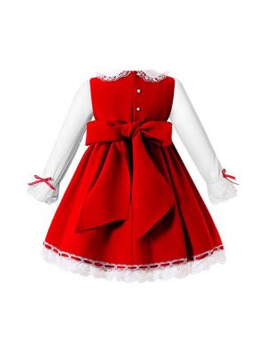 Red Christmas Ruffle Ribbon Lace Dress with Handmade Headband