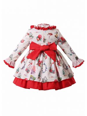 Red & White Printed Girls Dress with Christmas Vibes + Handmade Headband