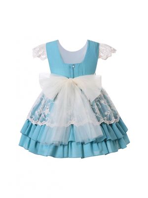 Summer Girls Sky Blue Princess Dress With Layered Lace + Handmade Headband