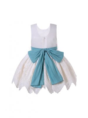 Girls Summer White Lace Dress With Blue Sash  + Handmade Headband