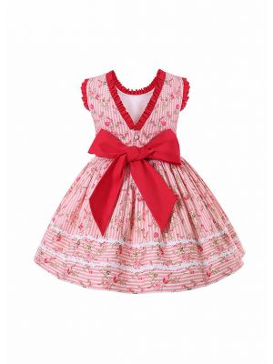 Girls Floral Lace Red & Pink Dress + Handmade Headband