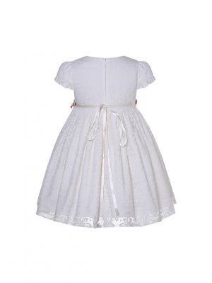 Girls White Lace Dress with Pink Flower Sash + Headband