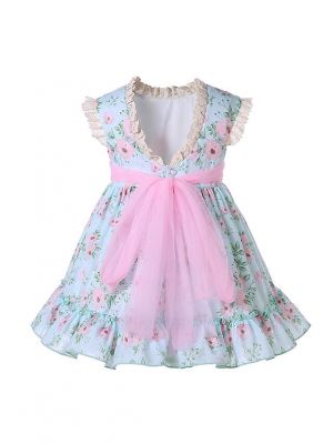 Easter Eid New Girls Dress with Pink Floral Bow + Headband