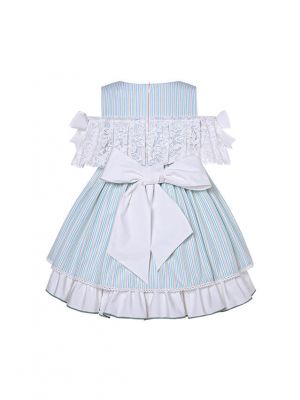 Summer Girls Striped Bow Lace Ruffle Dress + Handmade Headband