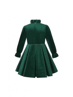 Girl Turtleneck Warm Green Velvet Christmas Dress