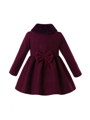 Fall Velvet Wine Red Winter Girls Coats With Bows Faux-Fur Collar Single Breasted