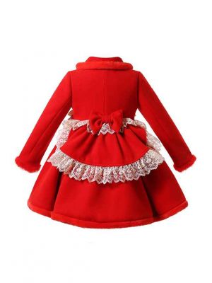 Sweet Solid Red Girls Coat with Lace and Bows
