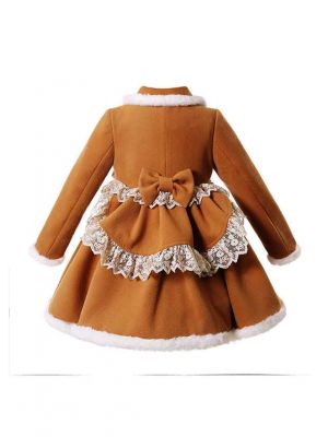 Sweet Solid Khaki Girls Coat with Lace and Bows