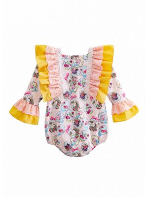 Easter Princess Yellow Floral Printed Babies Romper Costumes + Cute Bonnet                            