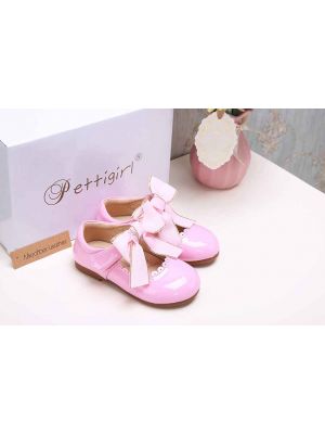 Pink Microfiber Leather Girls Shoes With Handmade Bow-knot 