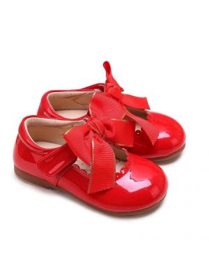 Red Microfiber Leather Girls Shoes With Handmade Bow-knot 